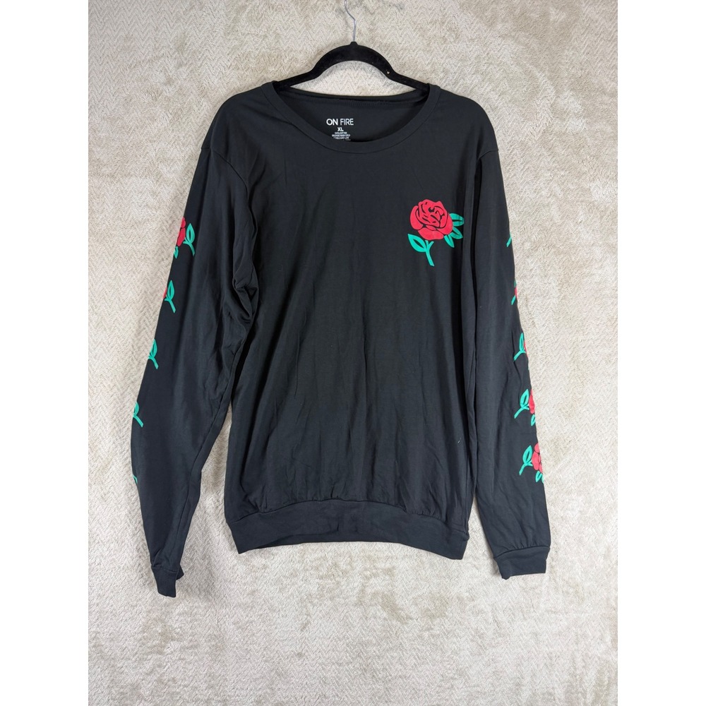 On Fire Mens Long Sleeve Rose Graphic Tee Black Cotton Shirt XL Floral Sleeve